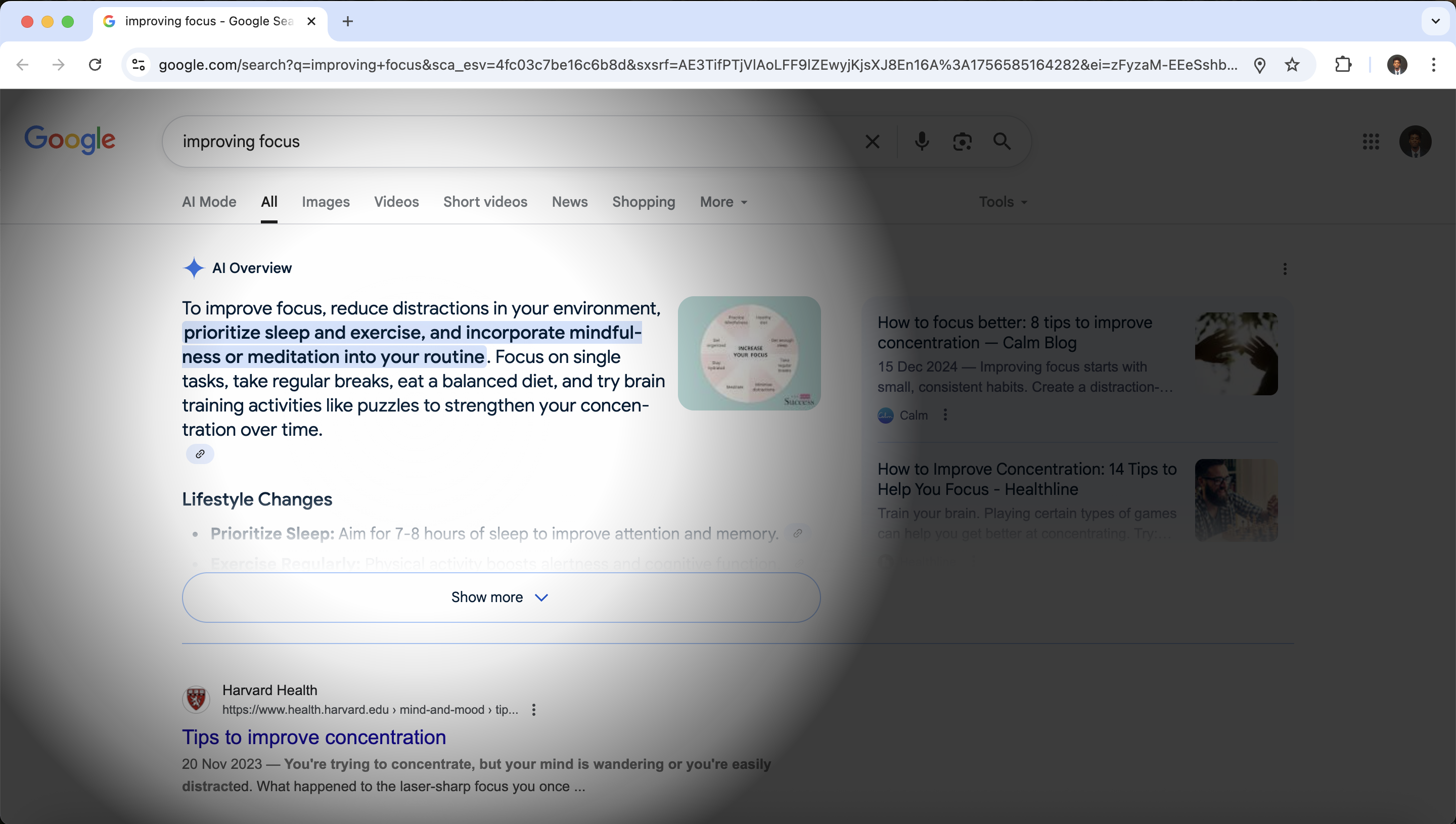 Mosaic extension spotlight focus feature showing focused window with darkened background